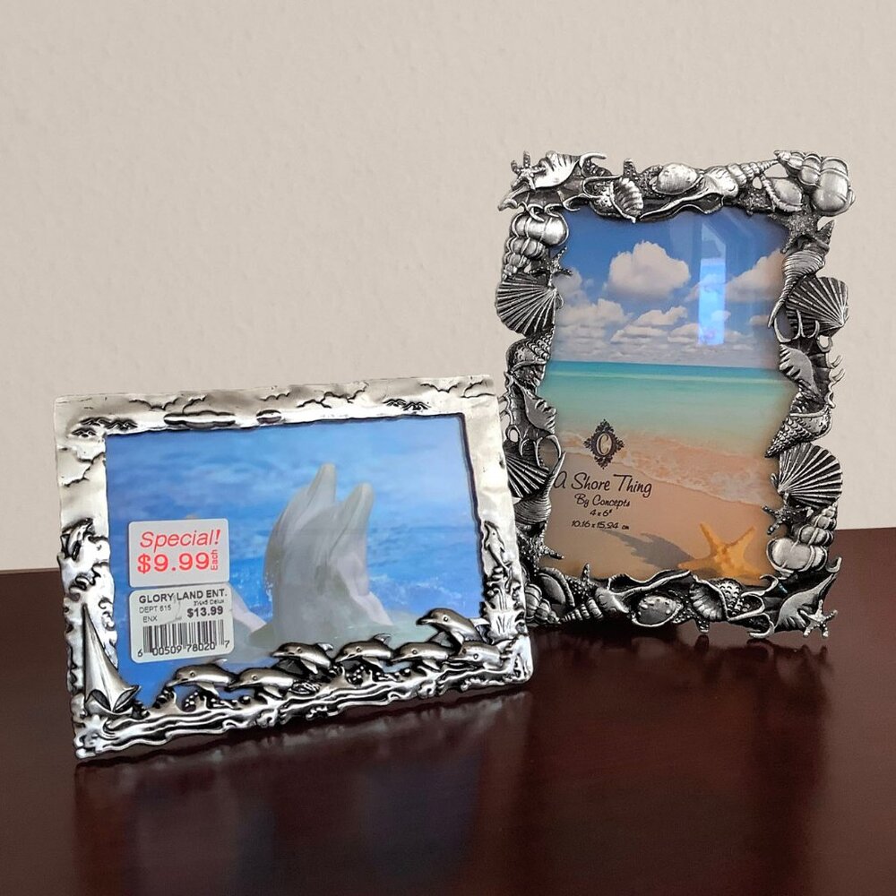 Lot of 2 3D Pewter Photo Frames - Dolphin & Seashell